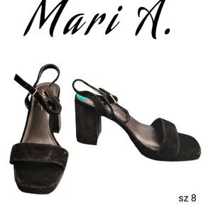Mari A. Black Velvet Strappy Block Heel Emmye Shoes